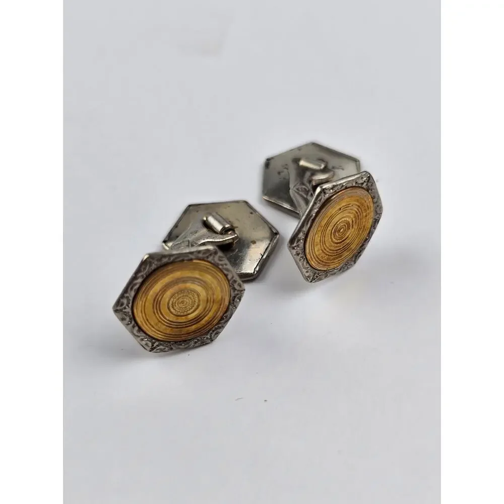 Antique Men's Silver & Gold tone Textured Cufflinks in Clamshell box